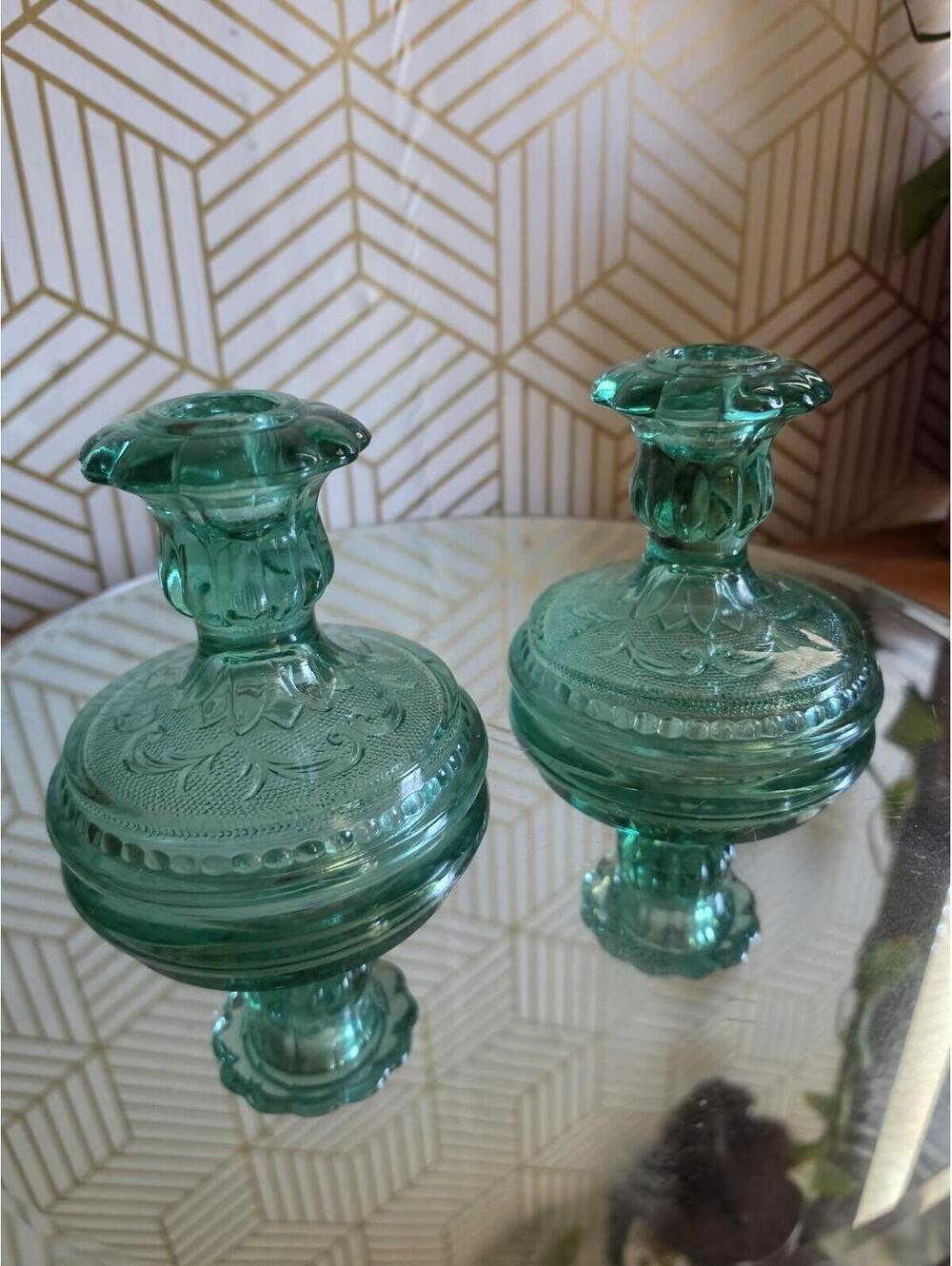 Vintage Tiara Chantilly Green Sandwich Pattern Candlestick Holders